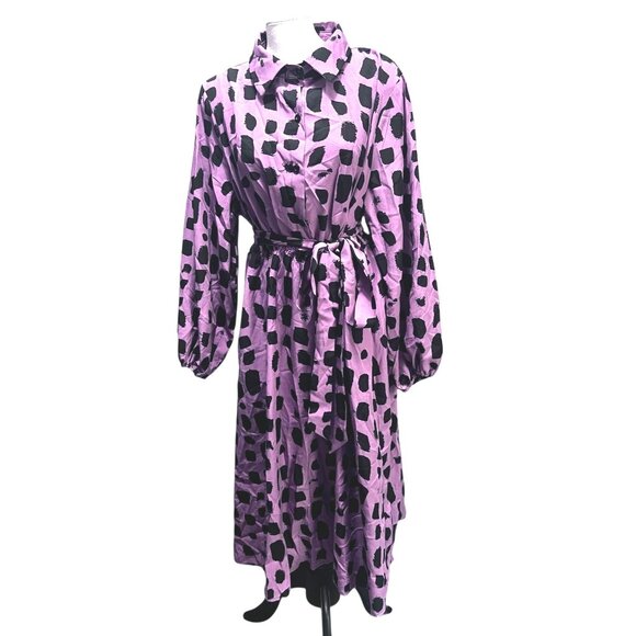 BloomChic Shirt Collar Brush Print Belted Dress Sz 18/20 (2XL) Mauve Pink & Blac - Picture 7 of 15